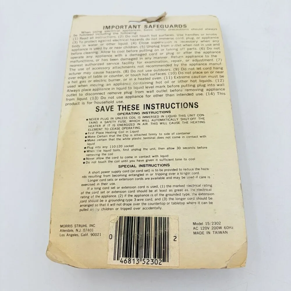 VINTAGE Immersion Heater Model 15/2302 NOS Sealed Carded Taiwan
